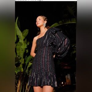 NWOT Farm Rio Lurex Stripe Mini Dress. One shoulder, black, women’s size Large.